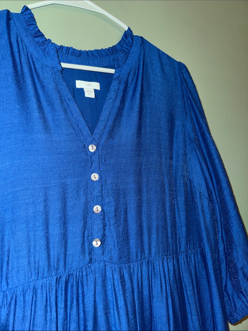J. Jill Ruffled Neckline Tiered Maxi Dress 1/2 Sleeve Blue Ruffle Neckline Sz LP - Picture 5 of 8